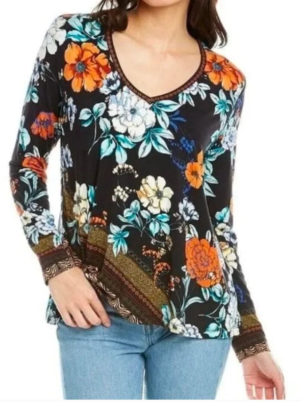 Johnny Was Golden Spring Bamboo Viscose Favorite V-Neck Tunic Blouse Top L